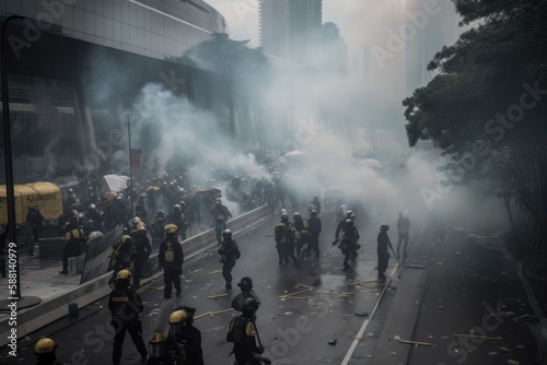 Officers are dressed in riot gear and are using shields and batons to push back the protesters. The scene is chaotic, with smoke and debris filling the air Generative AI  © ChaoticMind