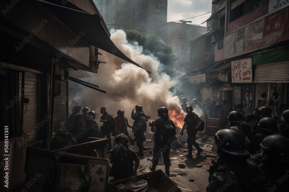 Obraz premium Officers are dressed in riot gear and are using shields and batons to push back the protesters, who are holding signs and throwing objects. The scene is chaotic, with smoke and debris filling the air 