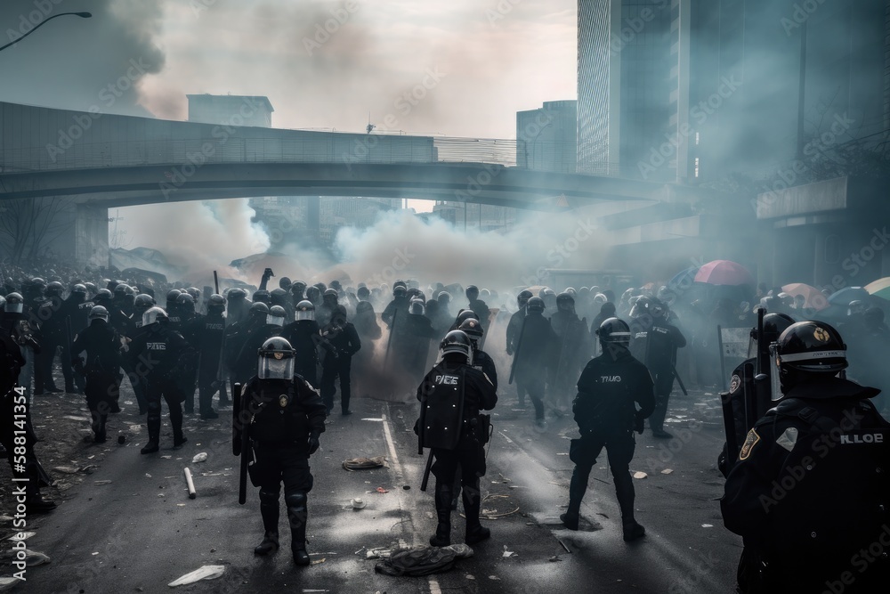 Officers are dressed in riot gear and are using shields and batons to push back the protesters, who are holding signs and throwing objects. The scene is chaotic, with smoke and debris filling the air Officers are dressed in riot gear and are using shields and batons to push back the protesters, who are holding signs and throwing objects. The scene is chaotic, with smoke and debris filling the air