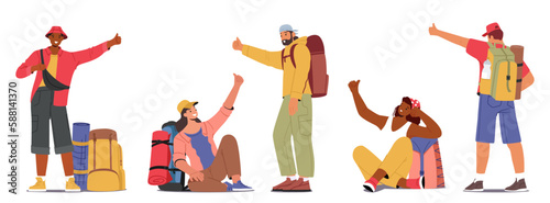 Backpackers Male and Female Characters With Outstretched Thumbs Standing and Sitting Waiting For Ride Isolated on White