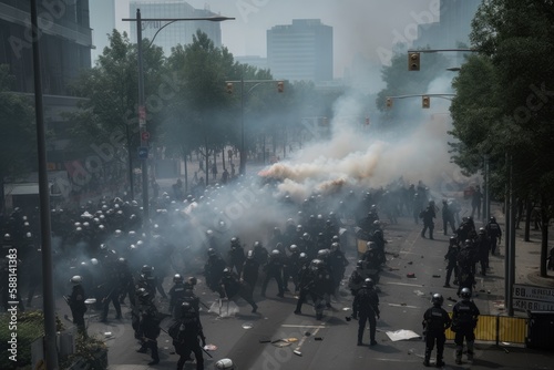 Officers are dressed in riot gear and are using shields and batons to push back the protesters, who are holding signs and throwing objects. The scene is chaotic, with smoke and debris filling the air 