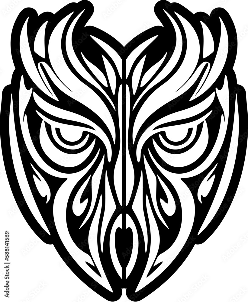 ﻿A black-and-white owl tattoo with Polynesian designs.