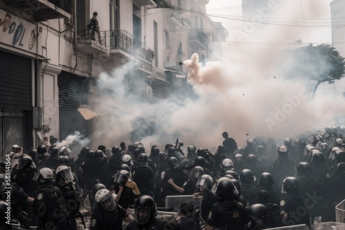 Officers are dressed in riot gear and are using shields and batons to push back the protesters, who are holding signs and throwing objects. The scene is chaotic, with smoke and debris filling the air  © ChaoticMind