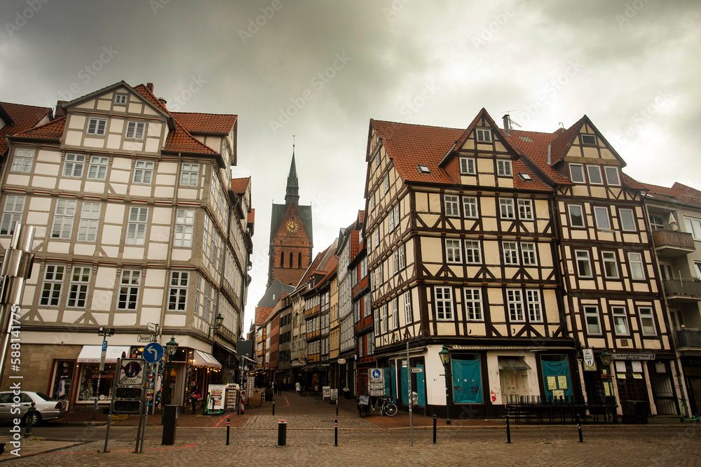 Hannover, Germany - October 14, 2022. Old half-timbered houses in the old town of Hannover