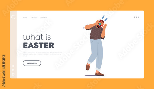 Easter Landing Page Template. Adult Man Playing and Fooling with Decorated Eggs. Easter Holiday Celebration, Eggs Hunt