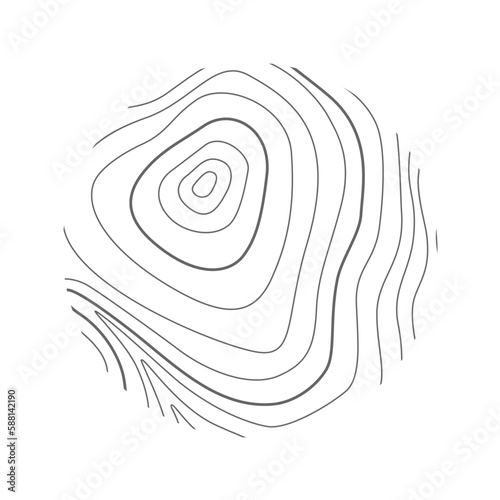Topographic or wooden texture in round shape. Graphic terrain surface stamp isolated on white background. Hand drawn relief contour. Vector outline illustration