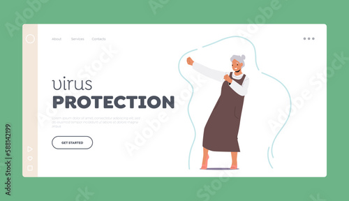 Virus Protection Landing Page Template. Senior Female Surrounded By A Robust Immunity Shield That Protects From Germs