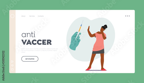 Anti Vaccer Landing Page Template. Woman Character Displaying Fear And Apprehension At The Sight Of A Needle