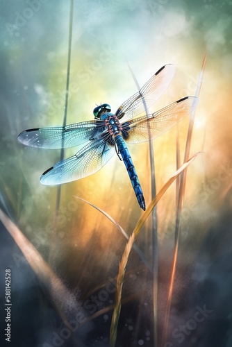 Watercolor dragonfly on grass Dragonfly and grass artwork Dragonfly and grass painting Dragonfly and grass illustration Dragonfly and grass nature art created using generative AI