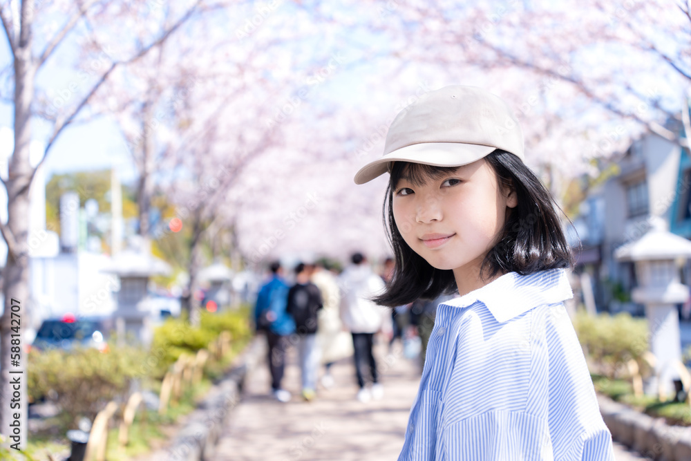 桜並木を観光する若い女性