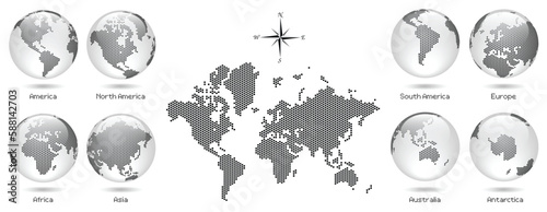 Gray Dotted Map and Globe of the World - Continents, America, Europe, Asia, Africa, Australia, Vector design illustration