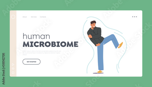 Human Microbiome Landing Page Template. Robust Immunity Shield Surrounds A Man, Protecting Him From External Threats