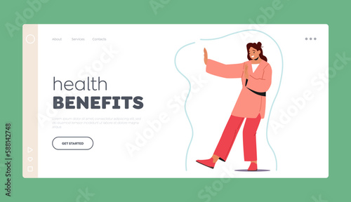 Health Benefits Landing Page Template. Female Character with Strong Immunity Shield Well Protected From Viruses