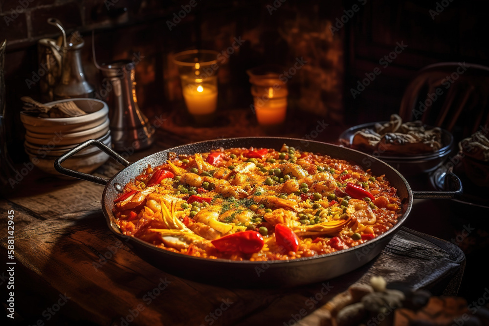 Spanish paella on dark wooden table with ingredients. Generative AI. Spanish paella on dark wooden table with ingredients. Generative AI.