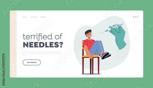 Fear Of Medical Procedures Landing Page Template. Young Man Character Displaying Fear And Apprehension Of Injection