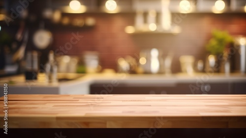 Empty wooden tabletop with blurred kitchen background and copy space © Jardel Bassi