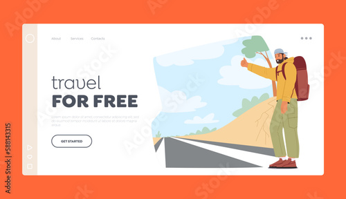 Travel for Free Landing Page Template. Lone Traveler Male Character Stands By The Roadside, Thumb Extended
