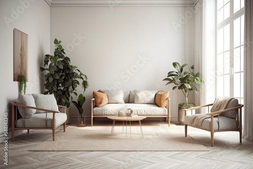cozy living room with a comfortable couch, armchair and a beautiful potted plant. Generative AI