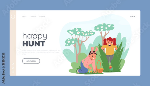 Happy Hunt Landing Page Template. Children In Garden Searching For Hidden Easter Eggs. Excitement Of A Treasure Hunt