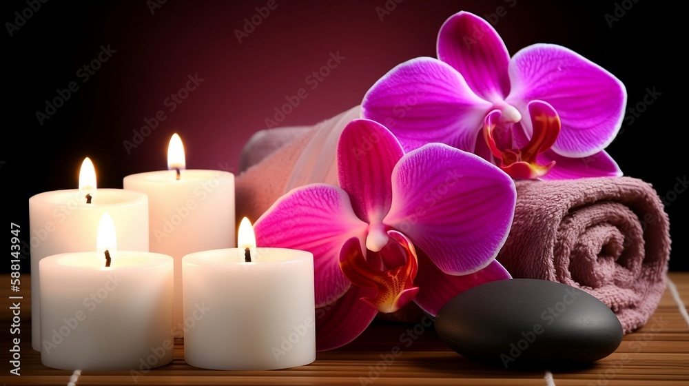 Spa - Couple Towels With Candles And Orchid For Natural Massage. Generative AI