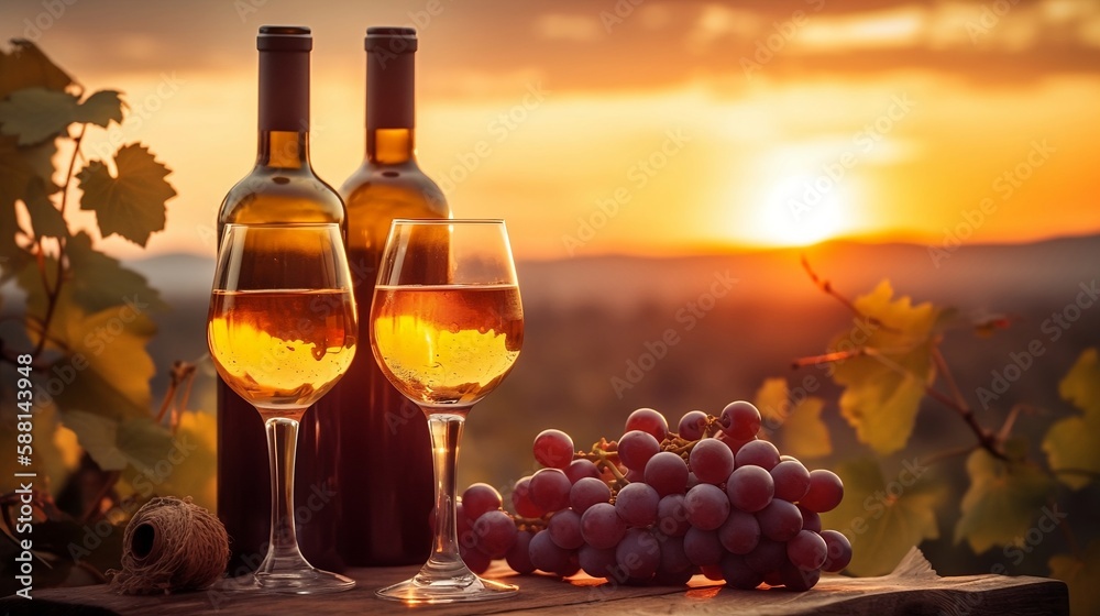 Bottles And Wineglasses With Grapes At Sunset. Generative AI