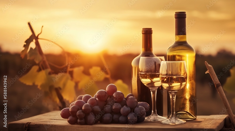 Bottles And Wineglasses With Grapes At Sunset. Generative AI