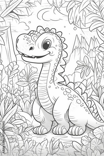 Coloring book for kids with a dinosaur hand-painted in cartoon style, tyrannosaurus. Generative AI