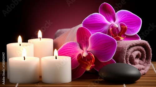 Spa - Couple Towels With Candles And Orchid For Natural Massage. Generative AI