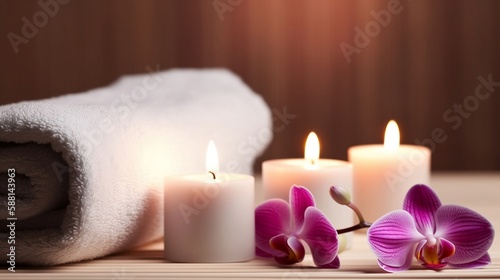 Spa - Couple Towels With Candles And Orchid For Natural Massage. Generative AI