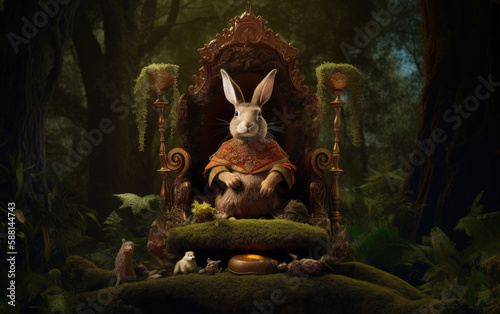 A rabbit sitting on a royal throne with an elegant and luxurious style. The background is a forest. Generative AI