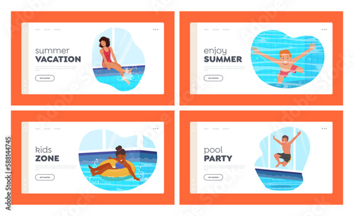 Children Swimming Landing Page Template Set. Girls and Boys Characters Joyfully Playing In Blue Pool, Jumping, Diving