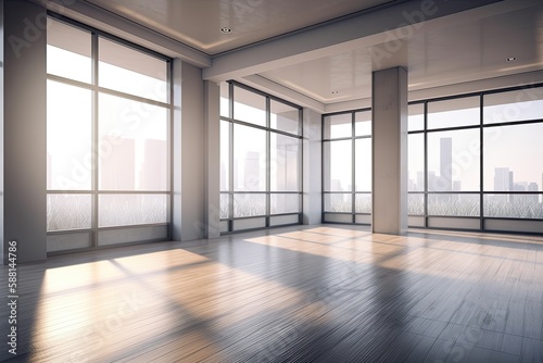 Illustration of an empty room with natural light pouring in from large windows and warm wooden flooring. Generative AI