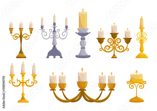 Vintage Candleholder Set Crafted From Metal, Features Intricate Detailing And A Rustic Finish Vector Illustration