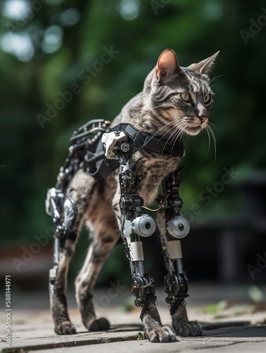 A cat in a garden with a partially robotic body.