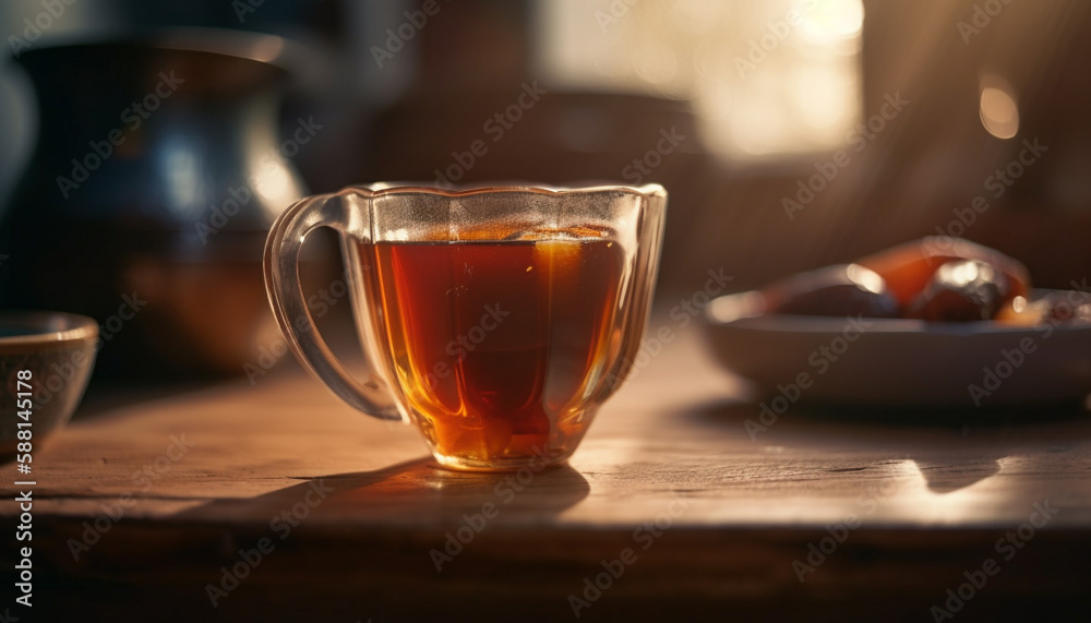 Fresh alcohol in wooden mug on bar generated by AI