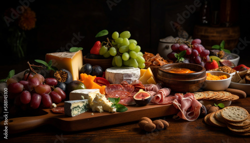 Gourmet appetizers on wooden tray with variety generated by AI