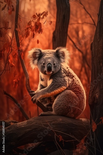 A koala bear clings to a tree trunk amidst a forest fire, expressing fear and desperation, depicting the urgency and chaos of the situation. Created with generative A.I. technology.