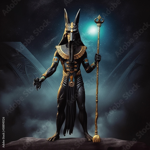 Ancient Egyptian god Anubis. A powerful ancient Egyptian god. Created with Generative AI technology.	