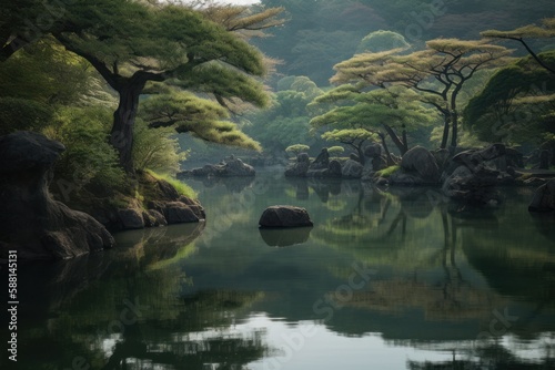 The serene beauty of Japan's landscape, with an small idyllic lake. Created with generative A.I. technology.