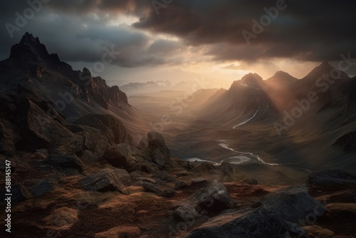 Experience the majesty of Iceland's landscape through this epic but artificial image. Ice and volcanic rocks leads into a vast expanse of mountainous terrain. Created with generative A.I. technology.