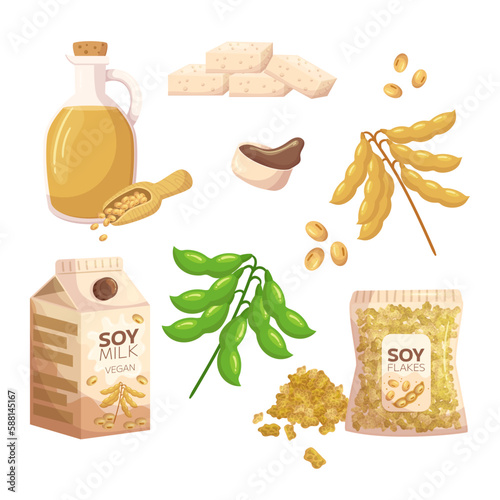 Set of Soy Products such as Tofu, Soy Milk and Flakes, Edamame Beans, Soy Sauce, Oil And Tempeh. Vegetarian, Vegan Diet
