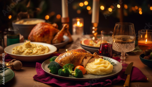 Roast turkey and mashed potatoes, a celebration feast generated by AI