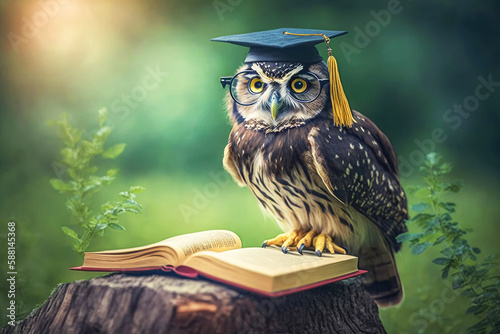 A Smart Owl Wearing a Graduation Hat and Glasses Reads a Book - Generative AI 