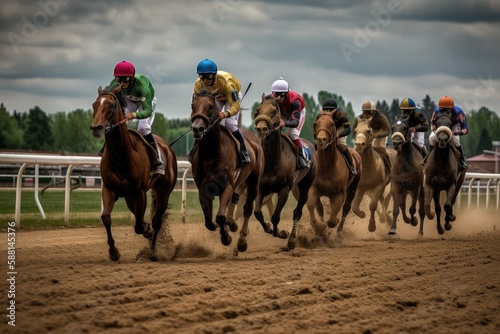 Thrilling Horse Racing Action: Powerful Horses Competing on the Track - Generative AI 
