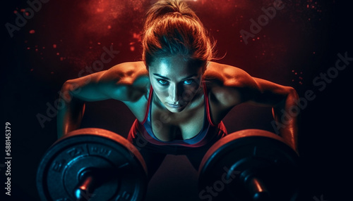 Muscular woman picking up weights exudes sensuality generated by AI