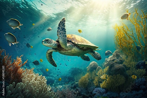 Turtle Swimming in Clear Blue Sea With Fishes and Corals in Sun Ray - Generative AI 