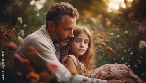 Father embraces daughter, both smiling in nature generated by AI
