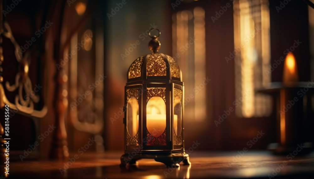 Glowing lantern illuminates spiritual Ramadan celebration indoors generated by AI Glowing lantern illuminates spiritual Ramadan celebration indoors generated by AI