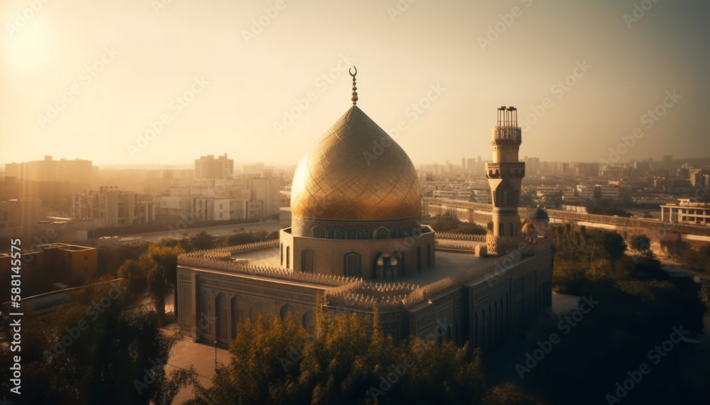 Naklejka premium Golden minaret illuminates famous mosque at dusk generated by AI