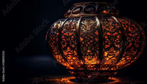 A glowing antique lantern, ornamented with ornate craft generated by AI